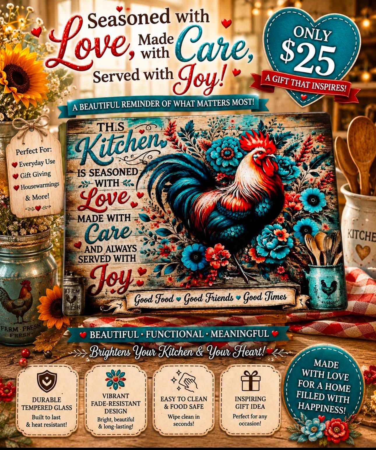 Rooster Kitchen Wall Art – “This Kitchen Is Seasoned With Love” Farmhouse Chicken Decor