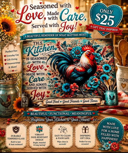 Rooster Kitchen Wall Art – “This Kitchen Is Seasoned With Love” Farmhouse Chicken Decor