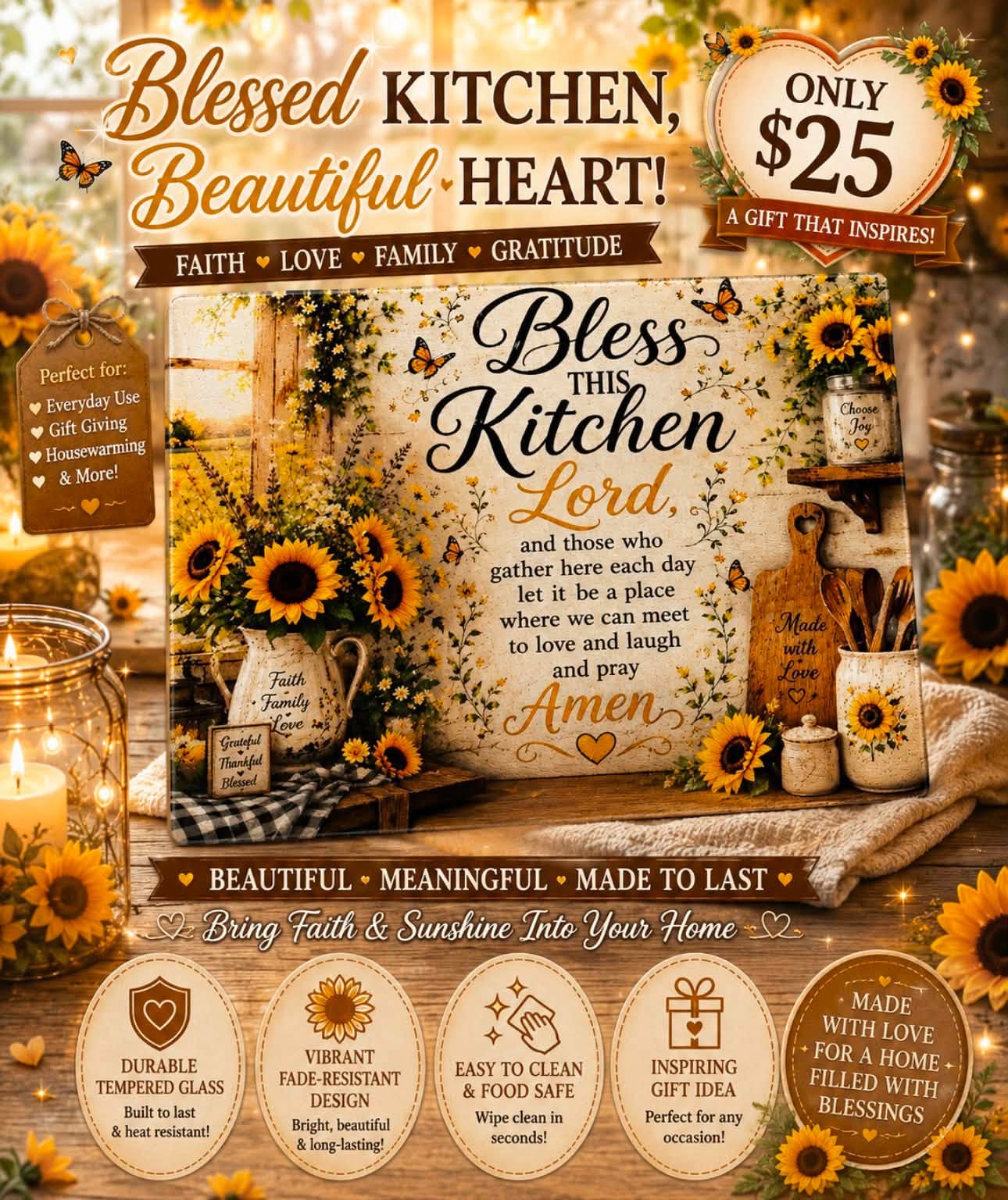 Bless This Kitchen Wall Art – Faith, Family & Love Kitchen Sign with Sunflowers